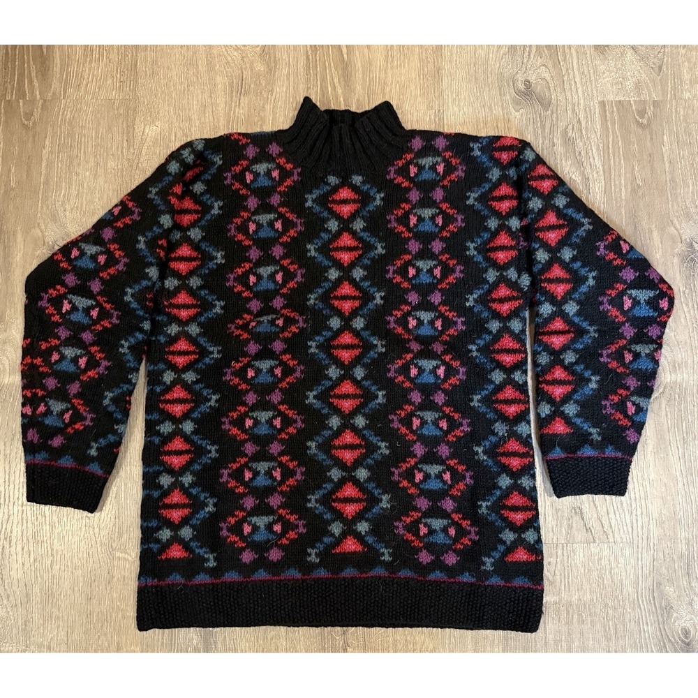 Vintage LL Bean Womens Aztec Print Mock Neck 100% Wool Sweater Size M